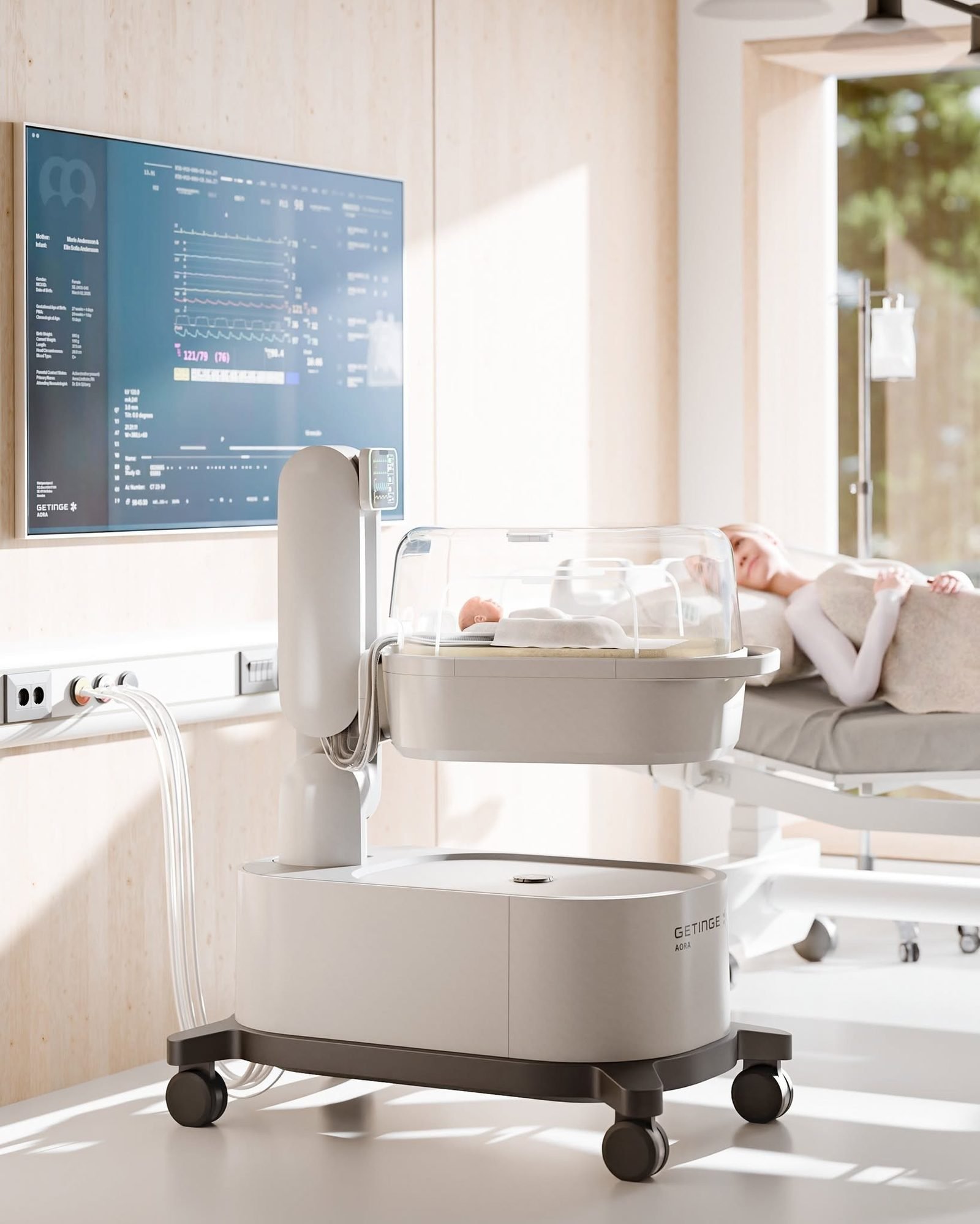 Incubadora en una sala neonatal luminosa